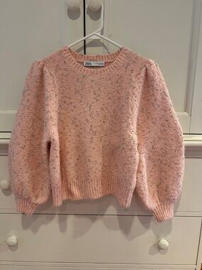 Zara Soft Pink Speckled Balloon-Sleeve Crewneck Sweater